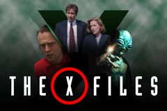 The X-Files logo with characters emerging from a misty 'X', showing moments from different episodes.