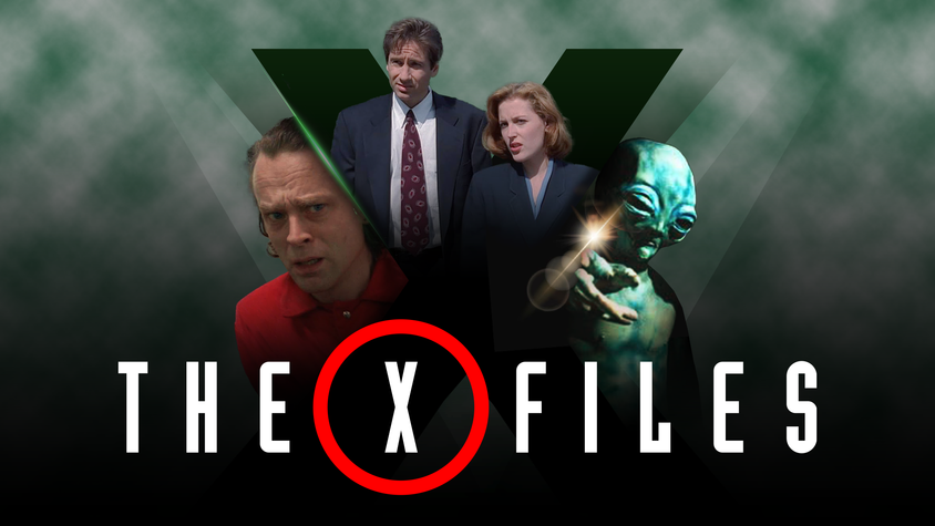 The X-Files logo with characters emerging from a misty 'X', showing moments from different episodes.