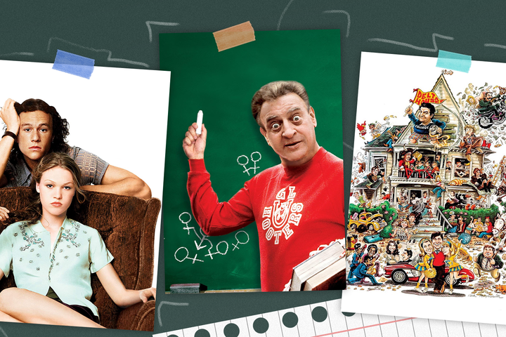 Three back-to-school movie posters - 10 Things I Hate About You, Back to School, and Animal House, taped over a notebook and chalkboard background.