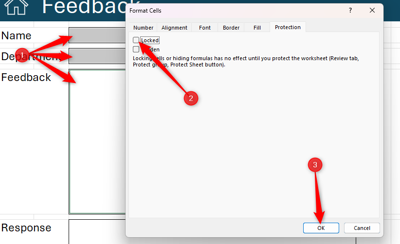Three cells in Excel are selected, and Locked in the Protection tab of the Format Cells dialog box is unchecked.