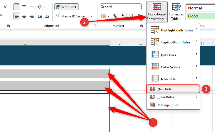 Three cells in Excel are selected, and New Rule in the Conditional Formatting drop-down menu is highlighted.