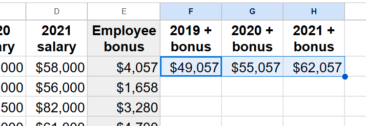 Three cells in Google Sheets contain mixed references to work out an employee's salary over three years when bonuses are added.