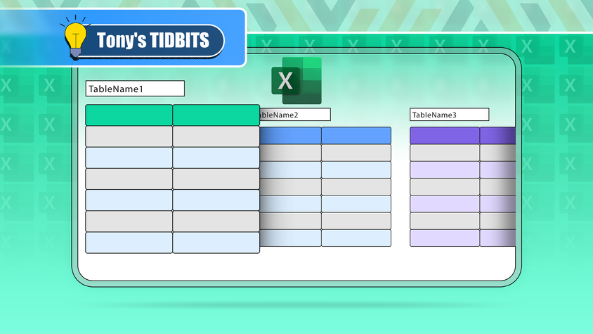 Three Excel tables with their names above them and the Excel logo at the top.