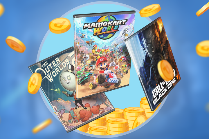 Three floating video game cases and a flurry of falling coins around.