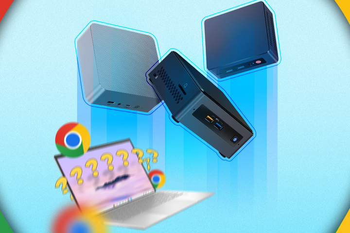 Three mini PCs launching upward at the center, while a confused Chromebook below is surrounded by question marks and Chrome logos.
