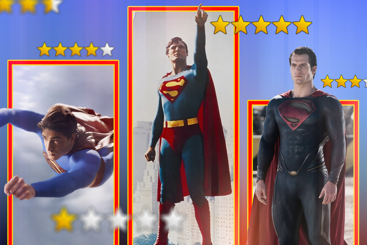 Three superman movie covers, side by side, with star ratings around.