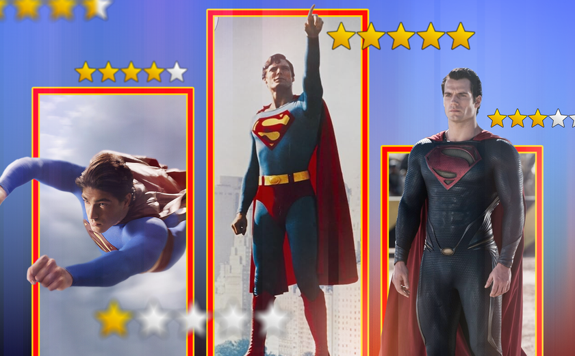 Three superman movie covers, side by side, with star ratings around.