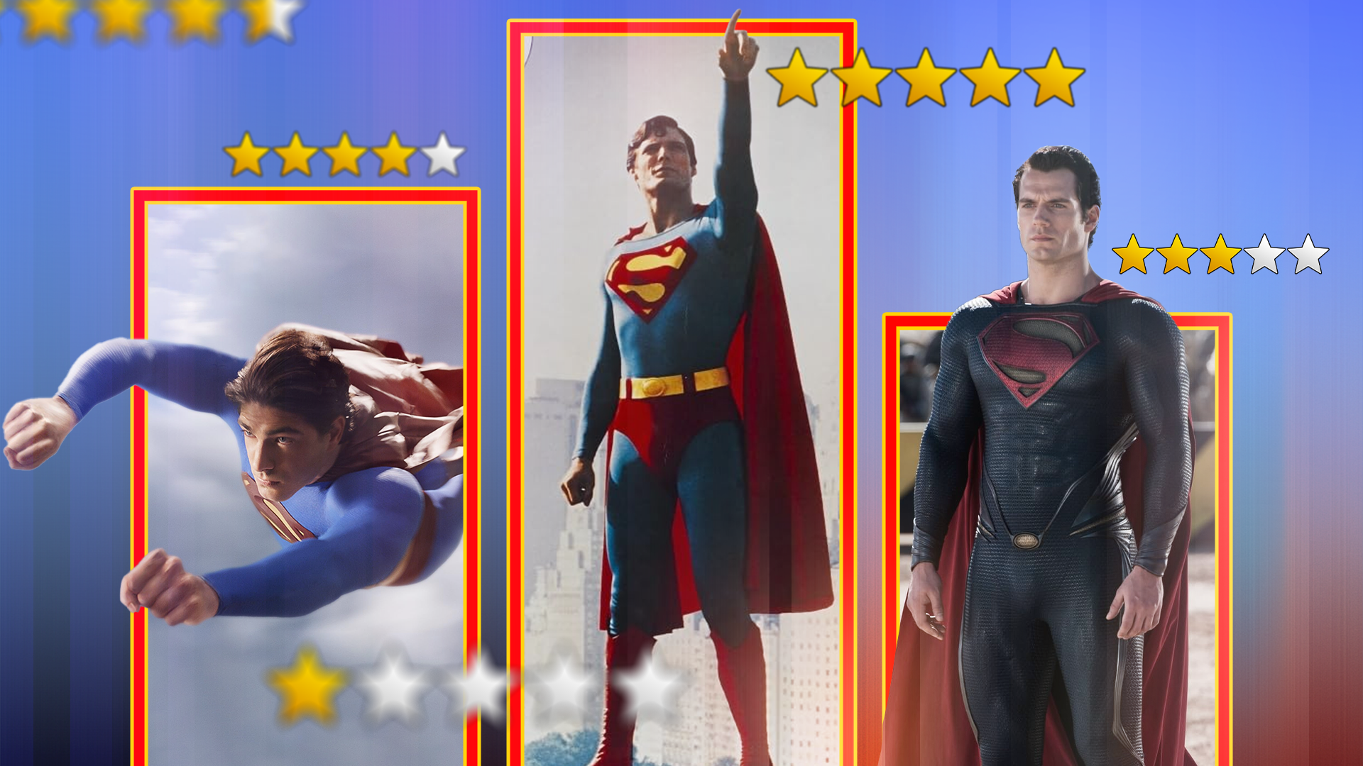Three superman movie covers, side by side, with star ratings around.