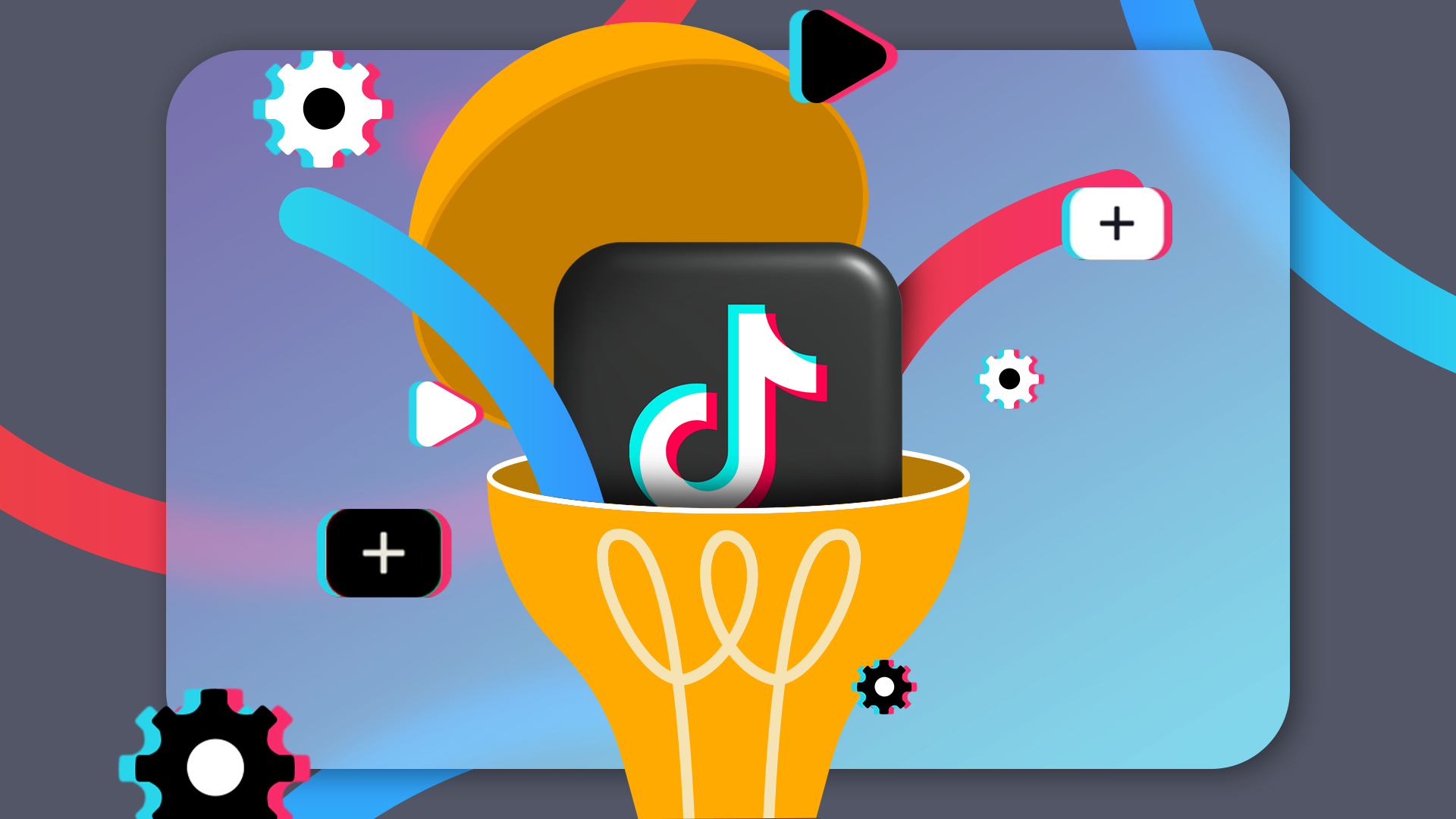 TikTok logo inside a light bulb, surrounded by colorful data-like ribbons, gears, and media icons, with a gradient screen in the background.