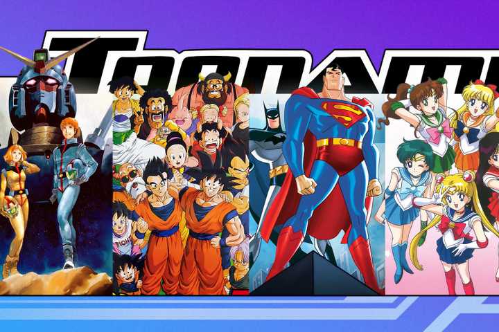 Toonami logo with some iconic cartoons in front.