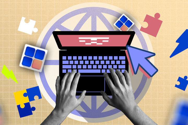 Top-down view of a person using a laptop with app icons around and a website icon in the background.