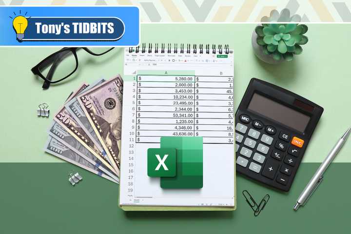Top view of a notebook with a Microsoft Excel spreadsheet, a calculator, dollar bills, and glasses beside it, with the Excel logo in the center.