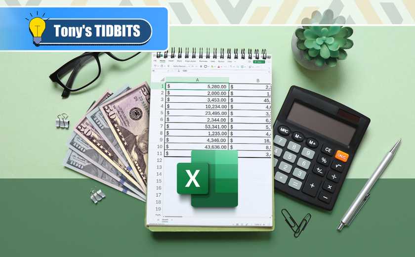 Top view of a notebook with a Microsoft Excel spreadsheet, a calculator, dollar bills, and glasses beside it, with the Excel logo in the center.