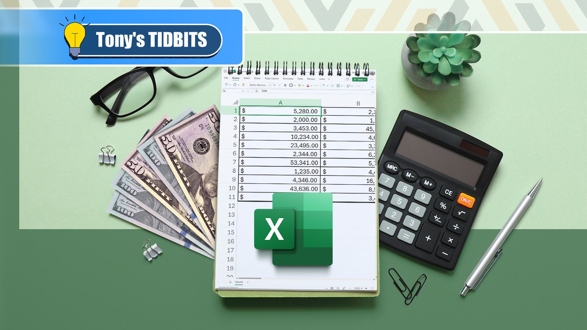 Top view of a notebook with a Microsoft Excel spreadsheet, a calculator, dollar bills, and glasses beside it, with the Excel logo in the center.