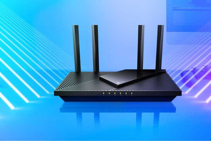 The TP-Link Archer AX21 on a stylized blue background.