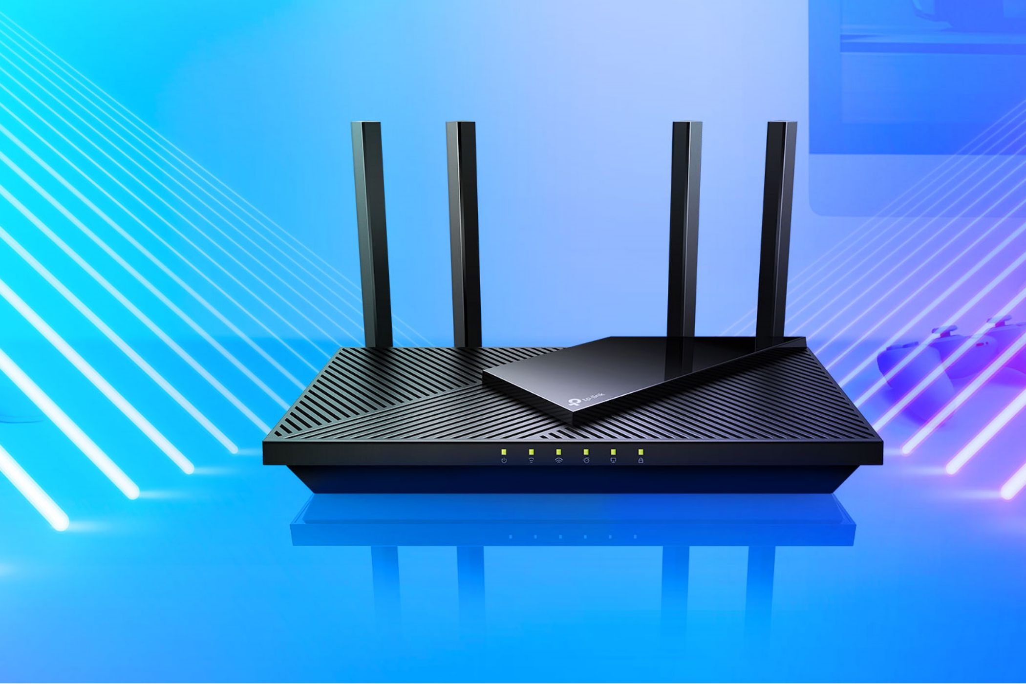 The TP-Link Archer AX21 on a stylized blue background. 