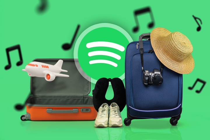 Two suitcases with the Spotify logo in the background and musical symbols around them.