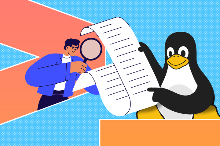 Illustration of the Linux mascot, Tux, holding and reading a long piece of documentation, with a person beside it examining the text through a magnifying glass.