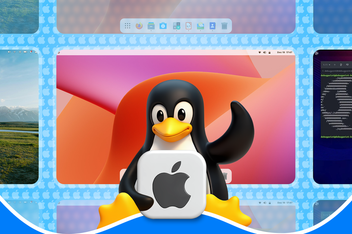 Tux, the Linux mascot, holding an Apple logo with macOS-like Linux distros in the background.