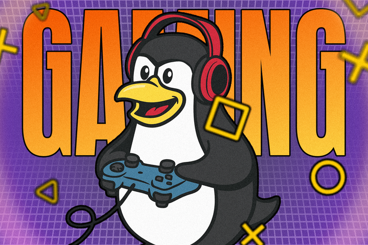 Tux, the Linux mascot, wearing headphones and holding a game controller, in front of the word 'GAMING' on a purple background.