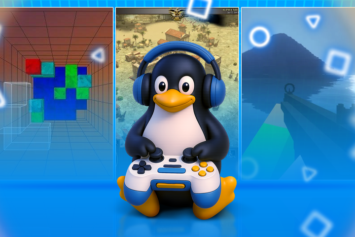 Tux the Linux mascot wearing headphones and holding a game controller, sitting in front of three game screens.