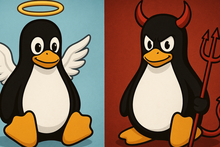 Tux the penguin as both an angel and a devil.