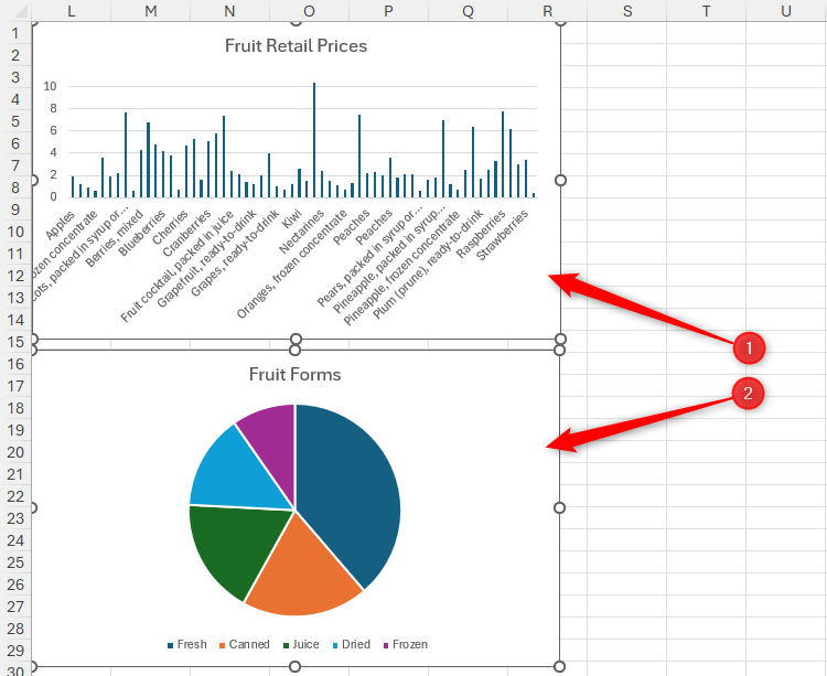 Two charts are selected in Excel by clicking each chart while holidng Ctrl.