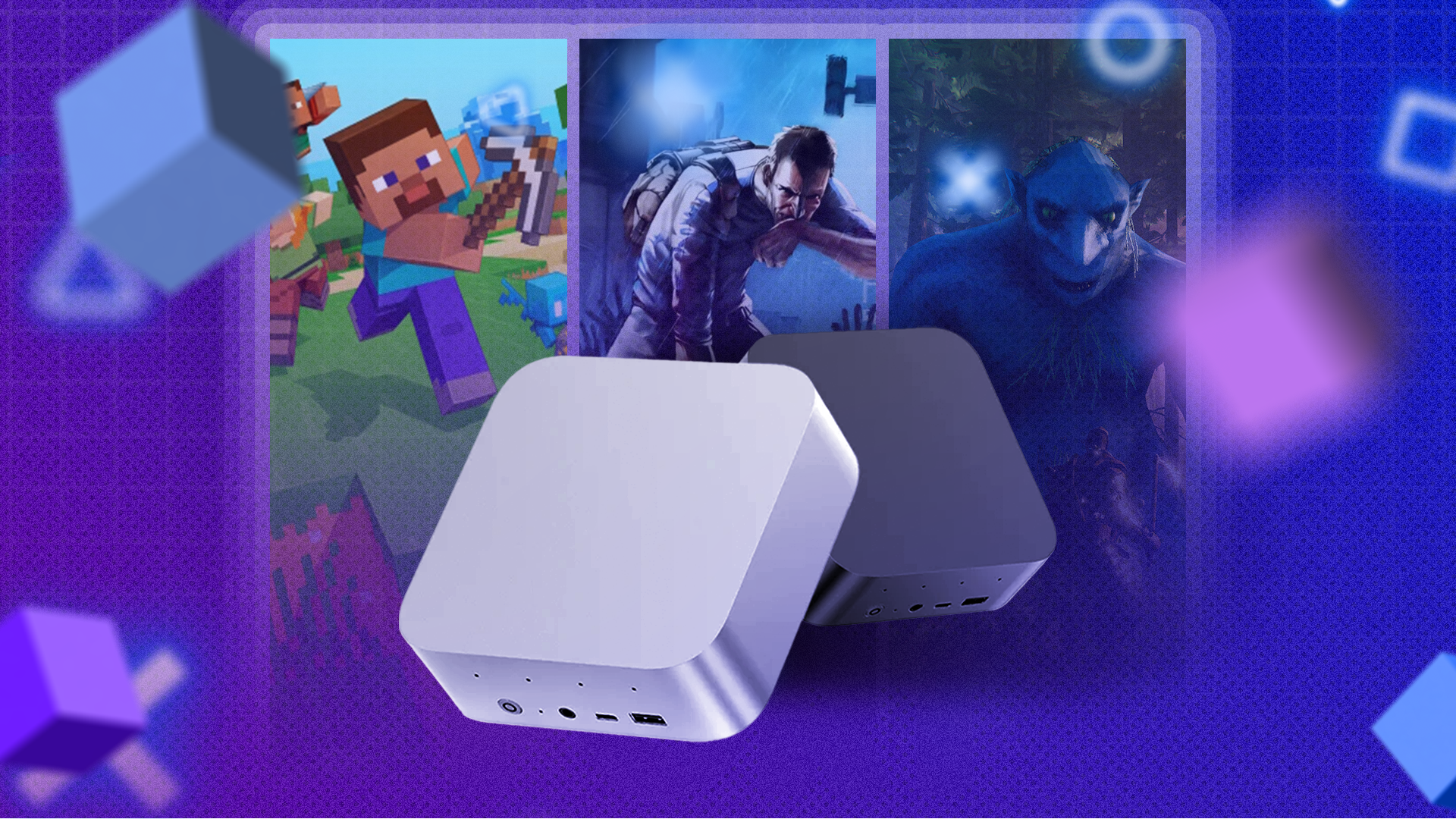 Two compact mini PCs in front of three games, set against a vibrant purple background.