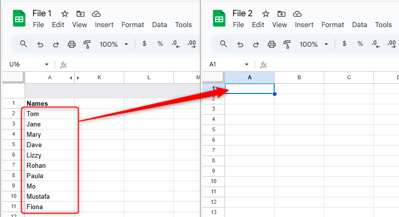 Two Google Sheets Files. One has a list of names in column A, and the other is empty.