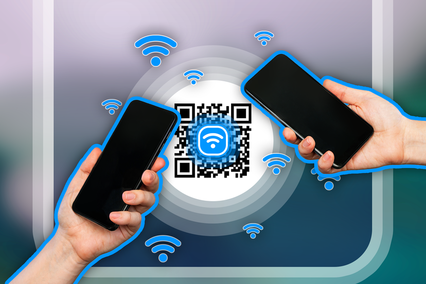 Two hands holding a phone with a QR code in the center and a Wi-Fi icon.