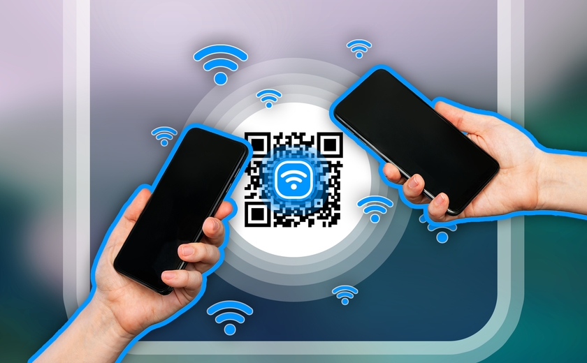 Two hands holding a phone with a QR code in the center and a Wi-Fi icon.