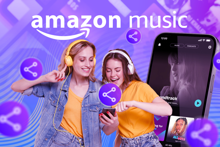 Two happy young women listening to music with a phone beside them, the Amazon Music logo in the background, and share icons around.