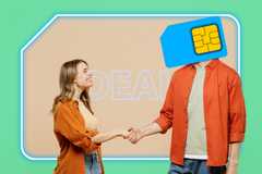 Two people shaking hands closing a deal, and one of the people has a SIM card instead of a head.