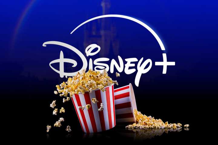 Two popcorn buckets and the Disney+ logo centered.