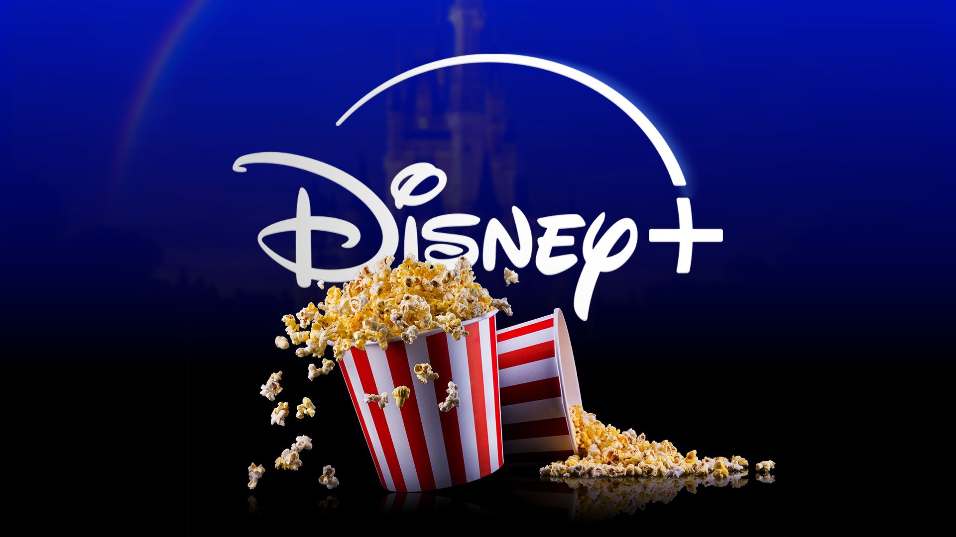 Two popcorn buckets and the Disney+ logo centered.