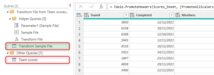 Two queries are highlighted in the Queries pane of Excel's Power Query Editor.