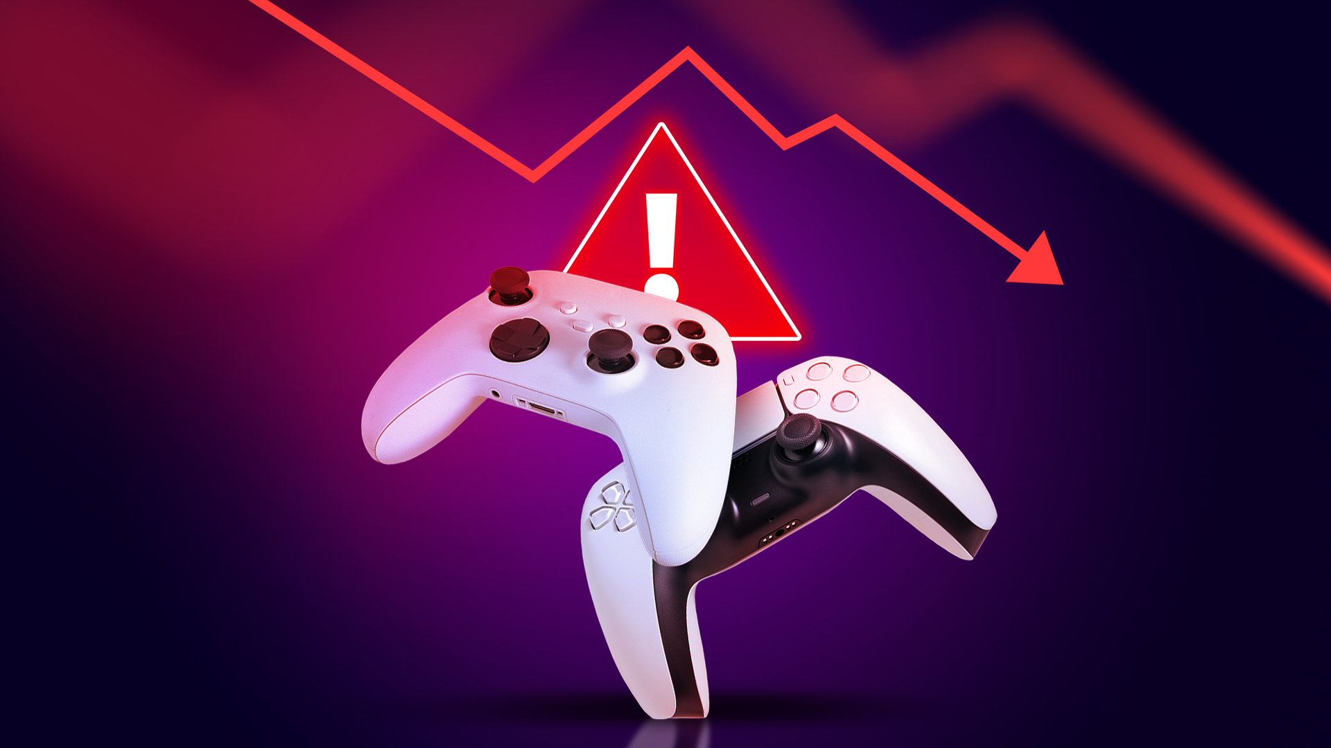 Two video game controllers appear in front of a red warning symbol and a downward graph.