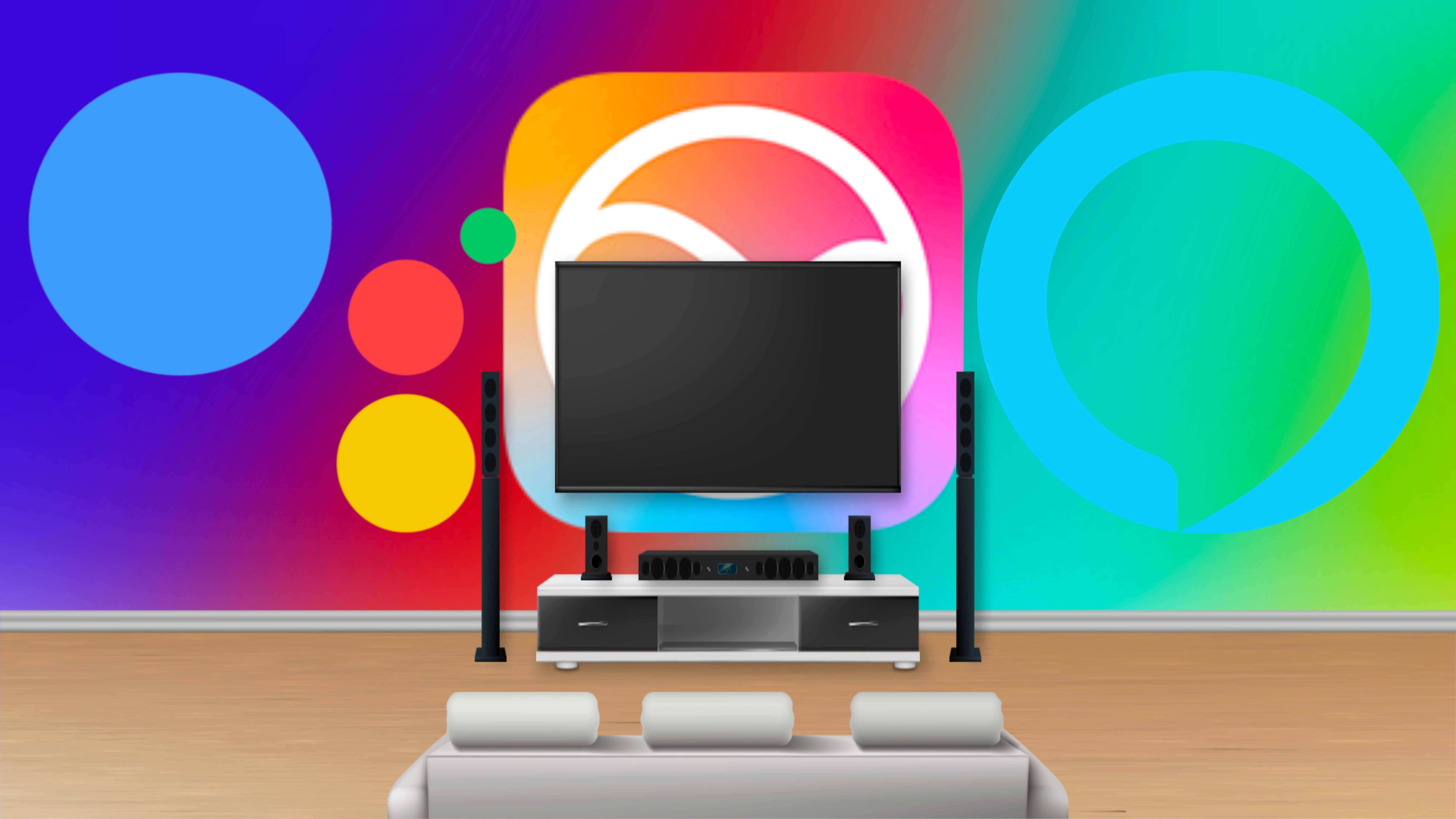 Google Home, Amazon Alexa, and Siri icons behind a home theater with a colorful background.