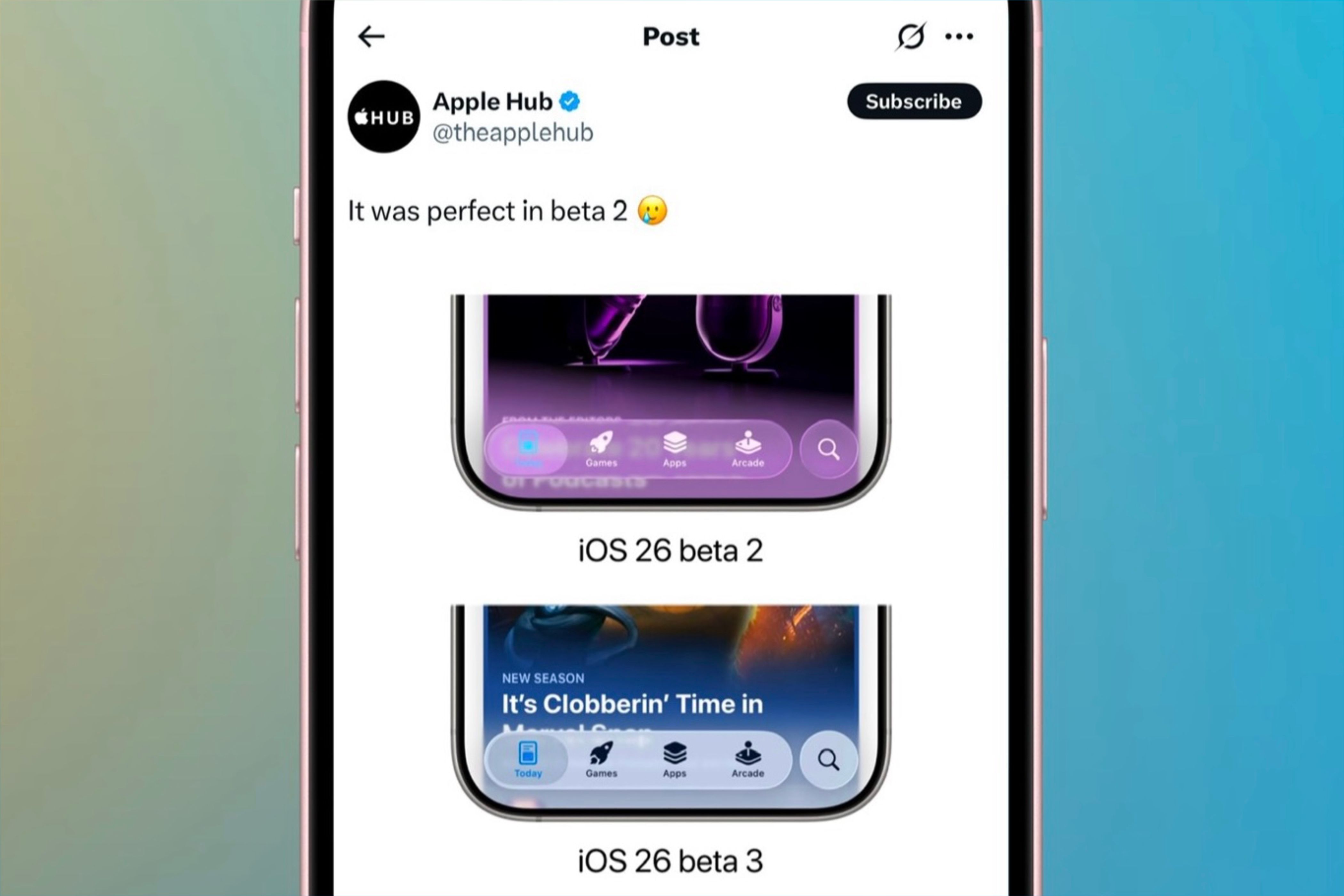 Liquid Glass in beta two compared to beta three in iOS 26.