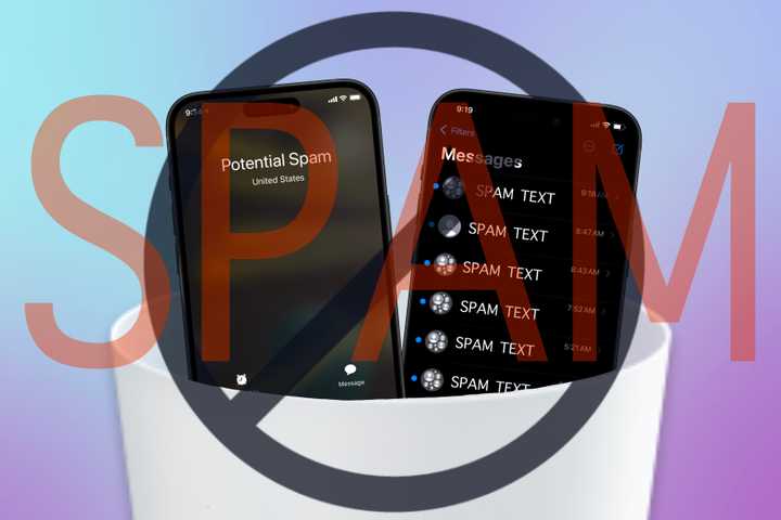 Spam calls and text messages on various iPhones inside a trash can.
