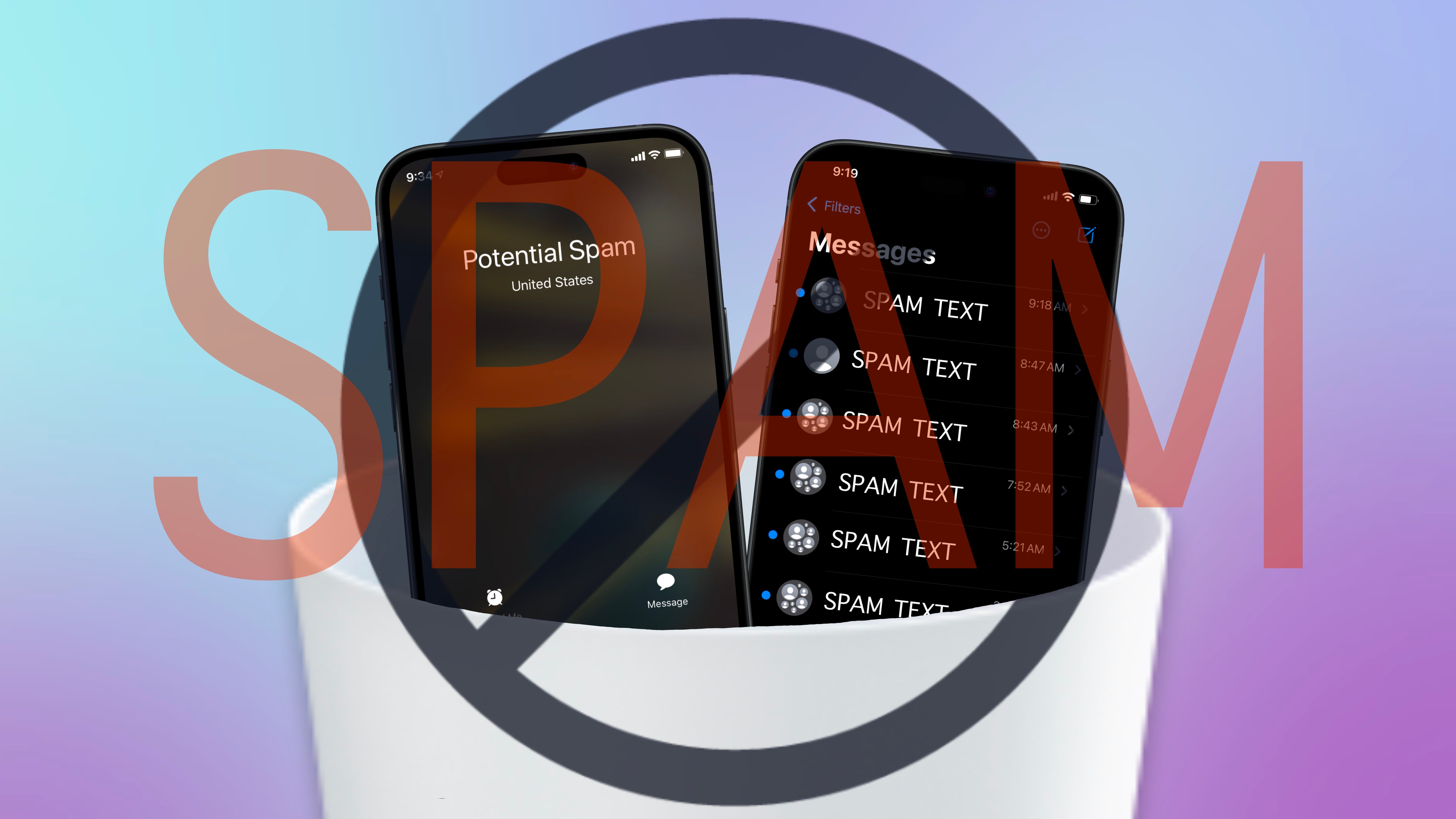 Spam calls and text messages on various iPhones inside a trash can.