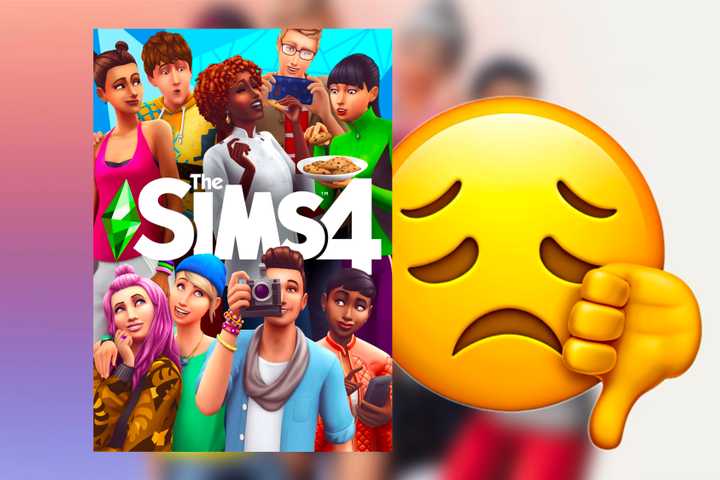 The Sims 4 artist with a disappointed emoji with a thumbs down by it in front of a colorful background.
