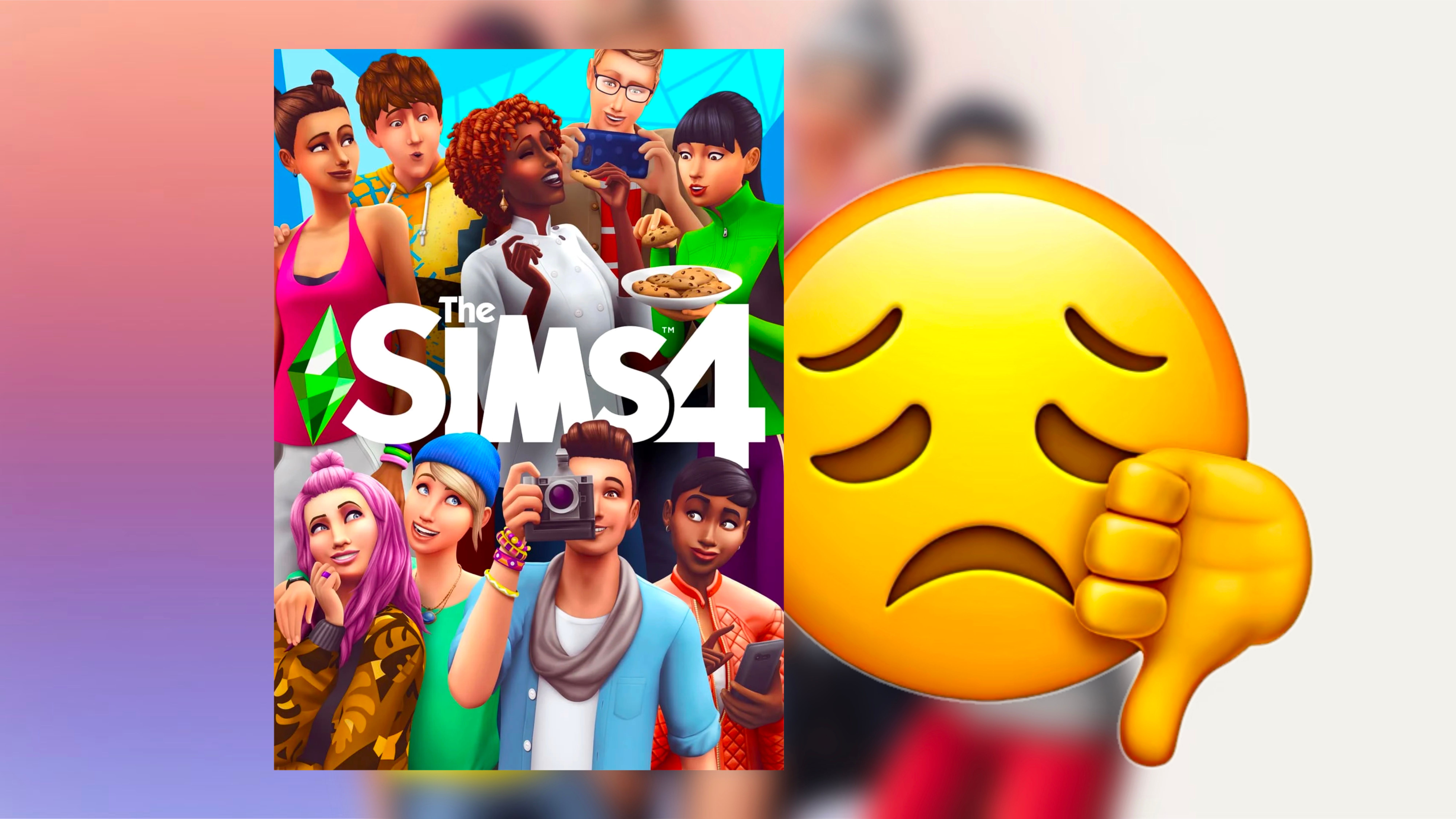 The Sims 4 artist with a disappointed emoji with a thumbs down by it in front of a colorful background.