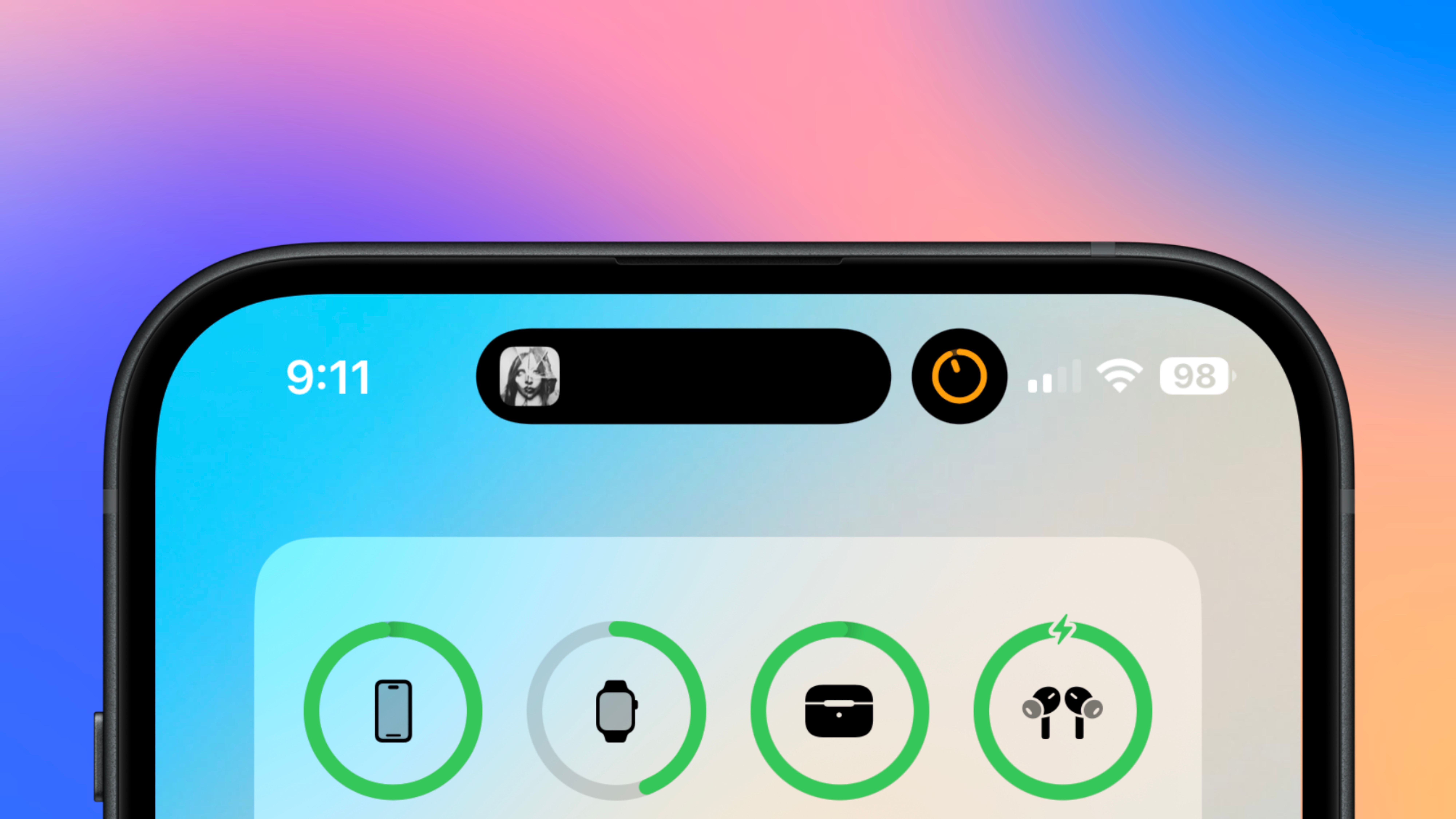 iPhone Dynamic Island showing music being played and a timer in use.