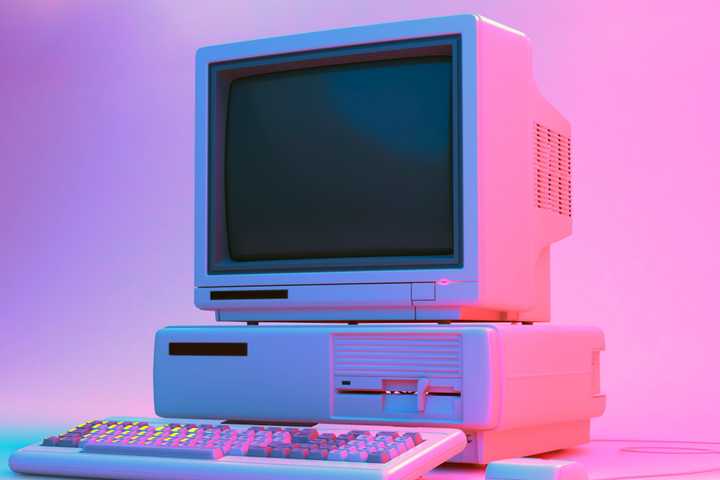 Vintage Desktop PC with Floppy Drive, Keyboard and Mouse in Neon Lightning.