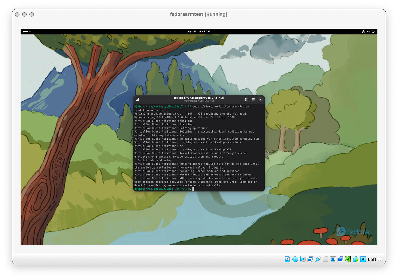 VirtualBox Guest Edition successfully installed in Fedora, running in VirtualBox on Apple Silicon..