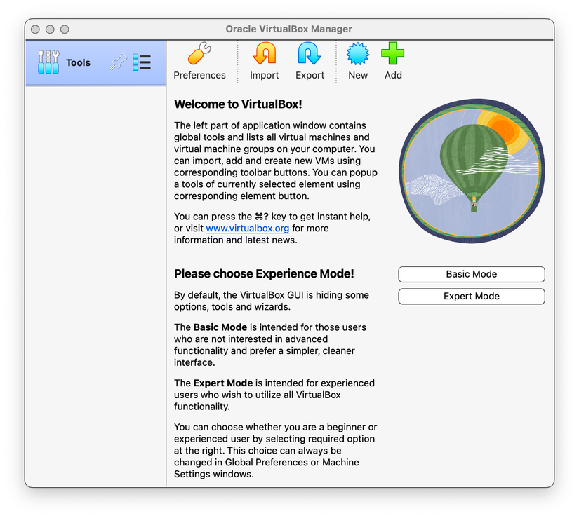 VirtualBox Manager running on Apple Silicon.