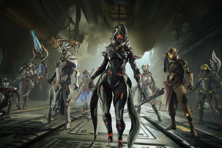 Characters from the game Warframe standing together.