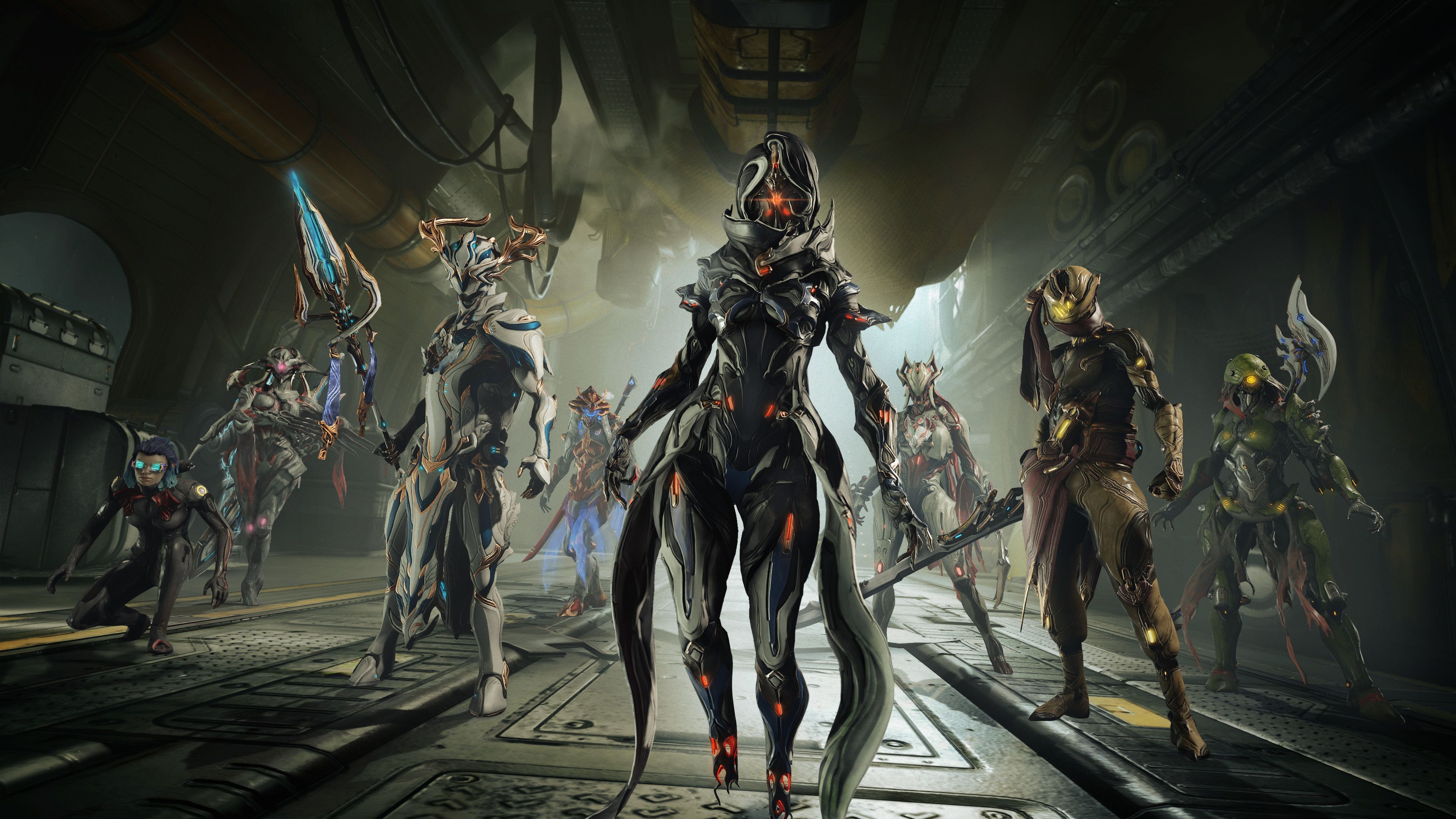 Characters from the game Warframe standing together.