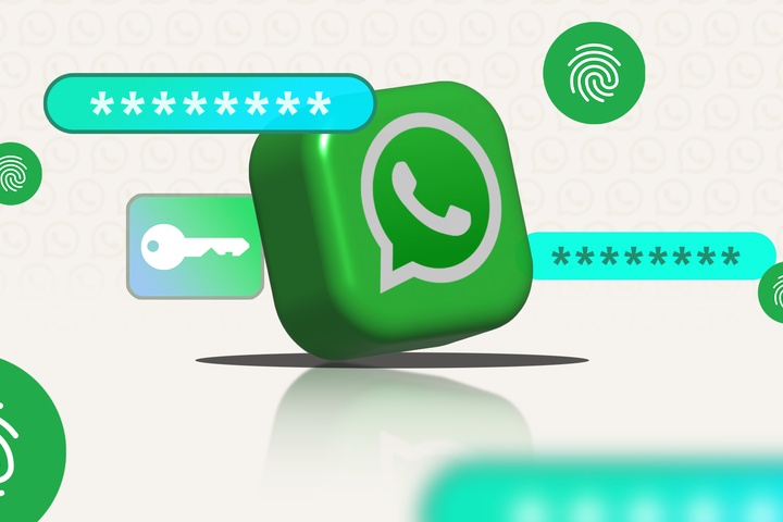 WhatsApp logo surrounded by icons of passwords, fingerprints, and a key.
